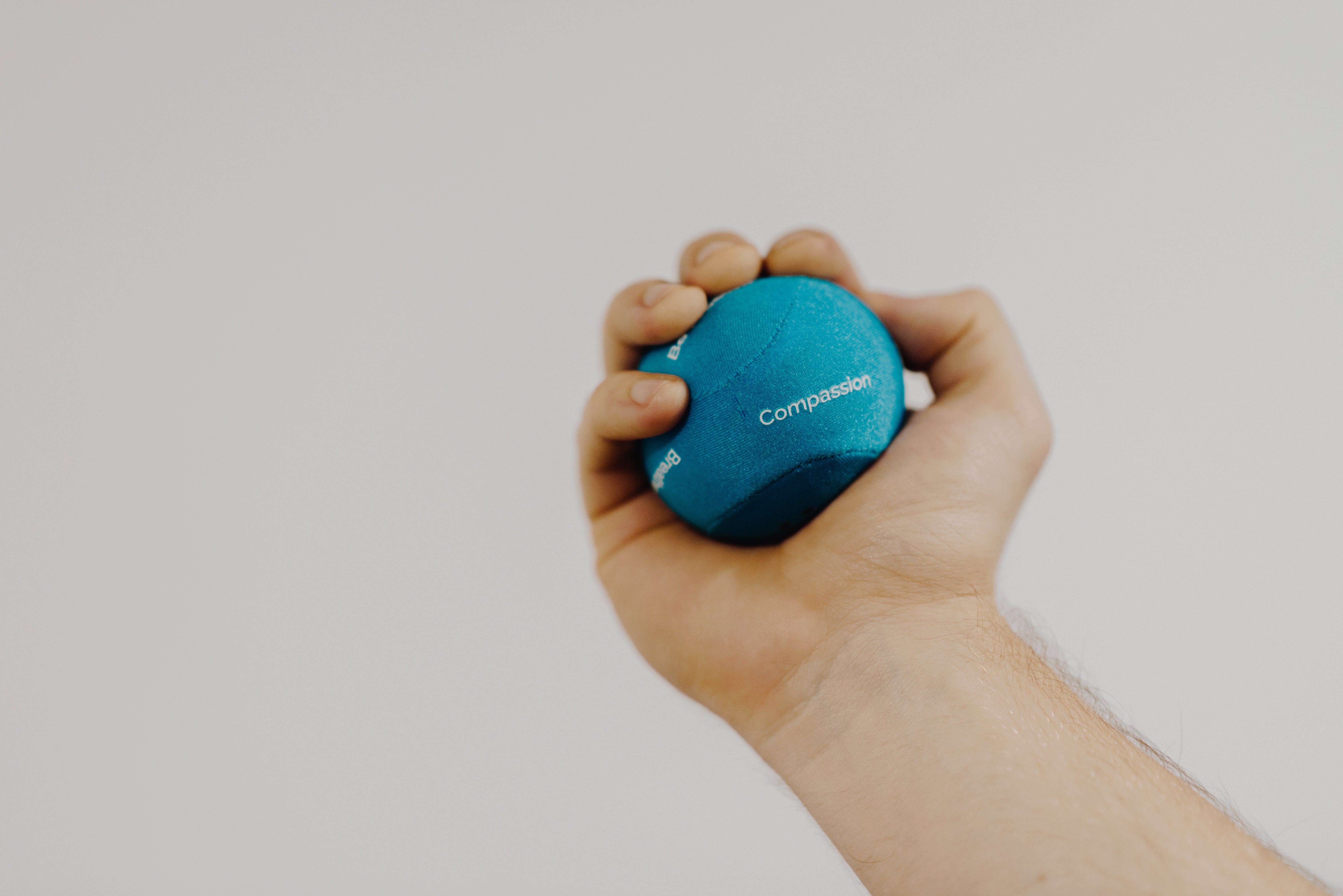 Hand holding a blue stress ball